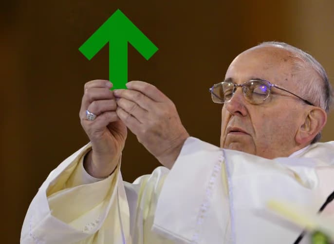 Pope holding a green Higher arrow